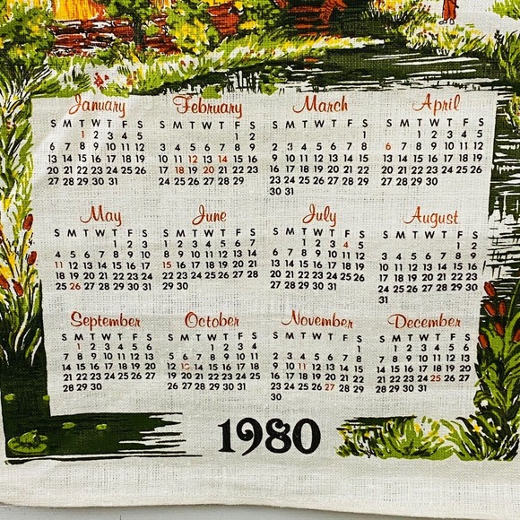Vintage 1980 Calendar Tea Towel Old Mill Fishing Linen 17x27 For Hanging Display - Picture 3 of 4